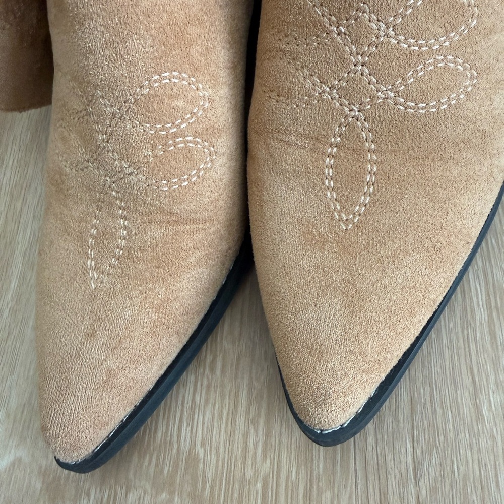 Dark Tan Suede Chunky Heel Women's embroidery Cowgirl Boots - Picture 6 of 10